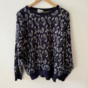Vintage Le ChΓ’teau | Navy Patterned Sweater | Retro Knit Pullover | Size Medium
